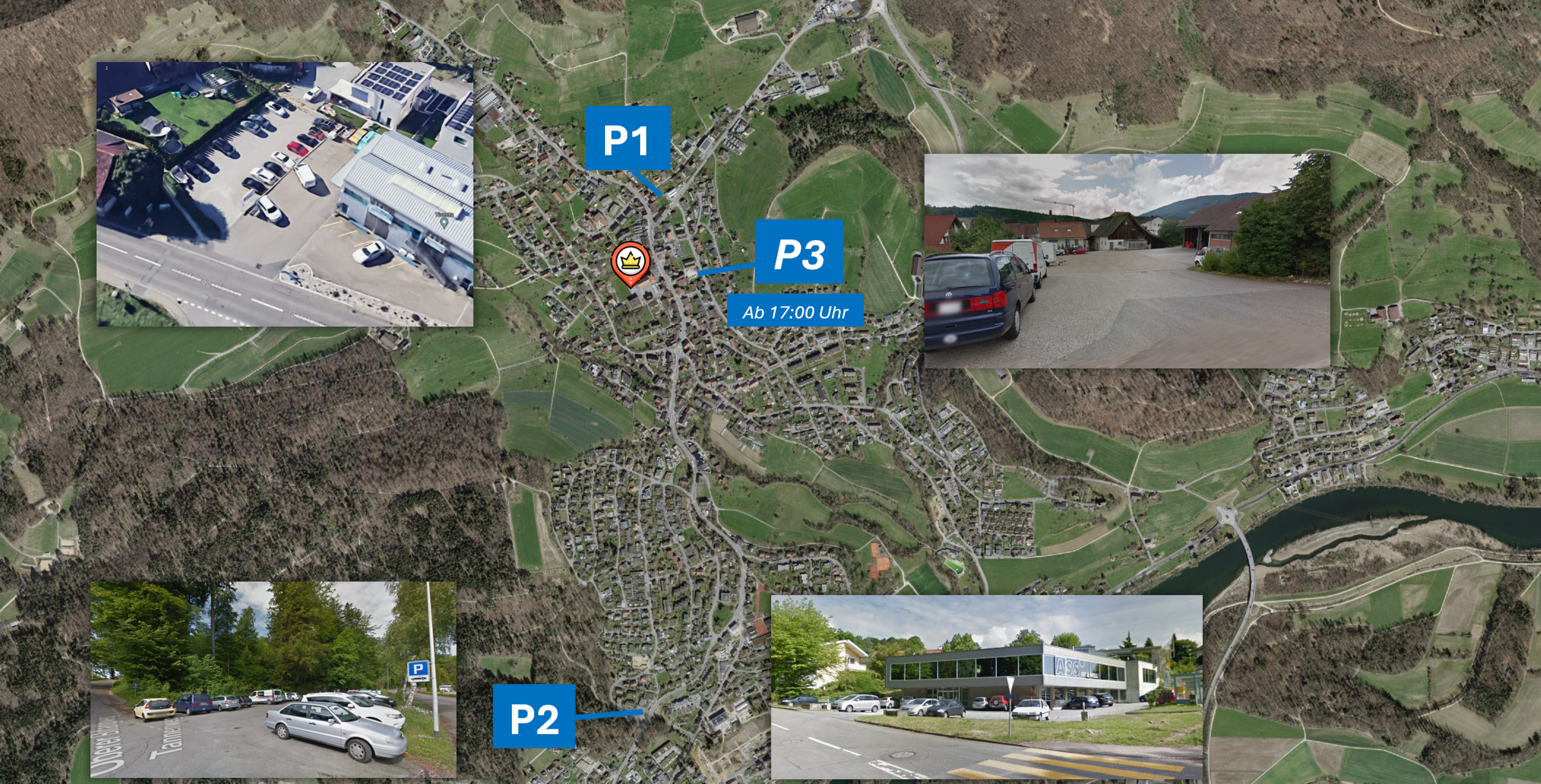 Eine Luftbildkarte von Küttigen mit den drei Parkmöglichkeiten