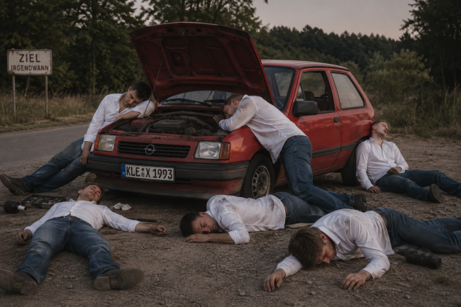 Müde Männer um einen Opel Corsa